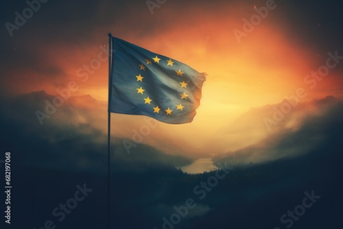 Europe Flag, Fog, Night Light photo