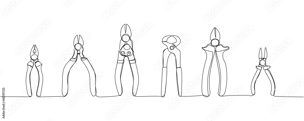 Set of construction wire cutters, pliers, vise grip, swagers one line art. Continuous line drawing of repair, professional, hand, people, concept, support, maintenance. Set of construction wire cutters, pliers, vise grip, swagers one line art. Continuous line drawing of repair, professional, hand, people, concept, support, maintenance.