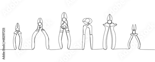 Set of construction wire cutters, pliers, vise grip, swagers one line art. Continuous line drawing of repair, professional, hand, people, concept, support, maintenance.