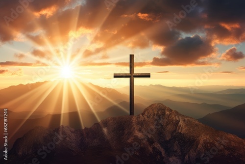 Christian cross on hill. Happy easter. Christian symbol of faith. Crucifix symbol on mountain against sunrise, sunset sky background. Death and resurrection of Jesus Christ © jchizhe