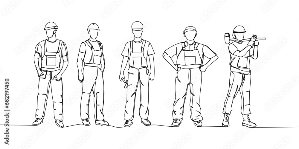 Set of builder in working uniform, protective overalls, hard hat, safety, instruments one line art. Continuous line drawing of repair, professional, hand, people, concept, support, maintenance. Set of builder in working uniform, protective overalls, hard hat, safety, instruments one line art. Continuous line drawing of repair, professional, hand, people, concept, support, maintenance.