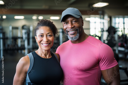 black couple 40 plus year old, standing together at the gym after workout, candid