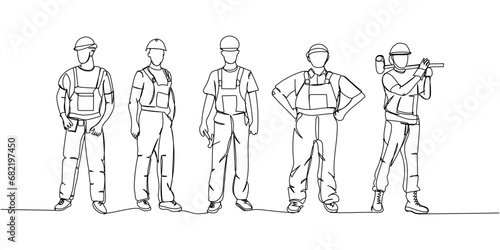 Set of builder in working uniform, protective overalls, hard hat, safety, instruments one line art. Continuous line drawing of repair, professional, hand, people, concept, support, maintenance.
