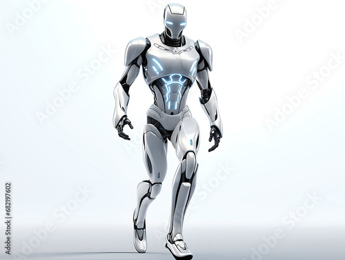 one modern futuristic humanoid robot made from white plastic walk on white background. alone android robot full length body walking on white backdrop. cyberspace. generative ai photo