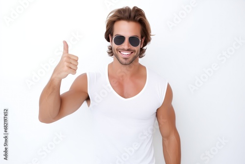 Smiling Very Attractive Man With Sunglasses , Brown Hair, White Background