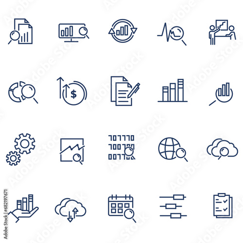 Collection of Vector Line Icons Related to Data Analysis. Contains Icons like Chart, Graph, Traffic Analysis,
