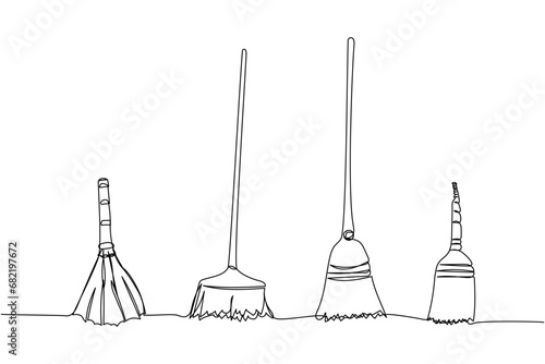 Set of broom, cleaning brush, construction, cleaning one line art. Continuous line drawing of repair, professional, hand, people, concept, support, maintenance.