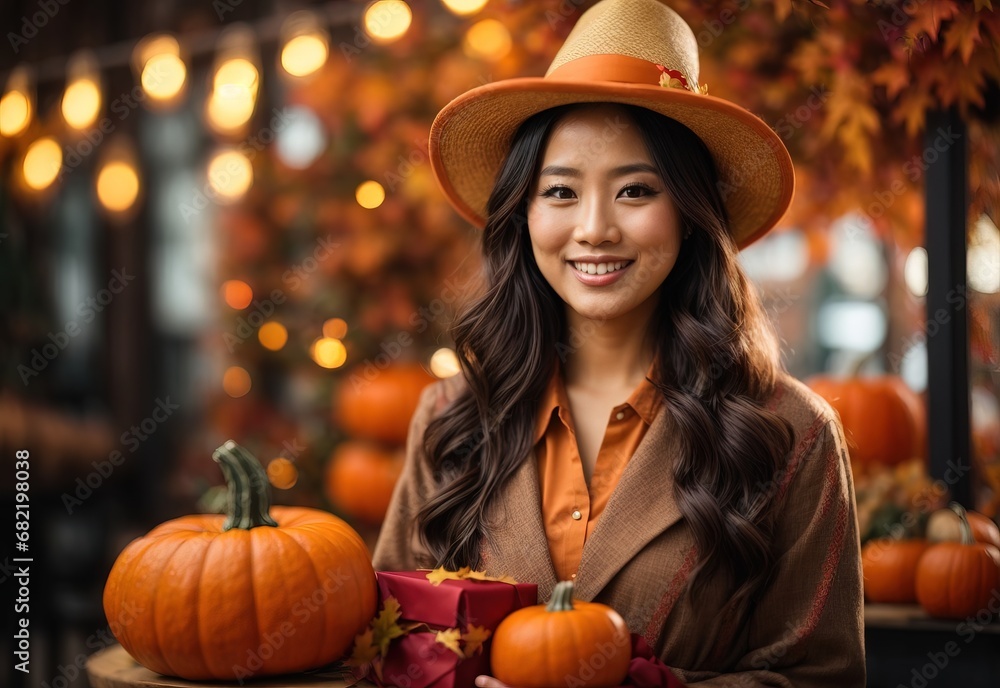 Smilling beautiful women wearing thanksgiving costume and hat, pumpkin and decoration on the background Smilling beautiful women wearing thanksgiving costume and hat, pumpkin and decoration on the background