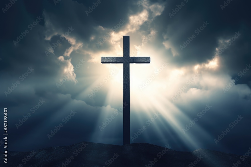 Christian cross on hill. Happy easter. Christian symbol of faith. Crucifix symbol on mountain against sunrise, sunset sky background. Death and resurrection of Jesus Christ