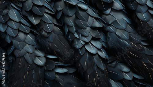 close up of texture black feathers background Abstract Animal feather Exotic tropical design Bird wing dark blue and black patter photo