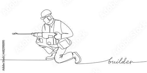 Handyman, builder, drill one line art. Continuous line drawing of repair, professional, hand, people, concept, support, maintenance with inscription, lettering, handwritten.