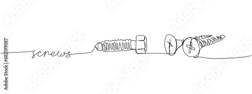 Screws set, nail, bolt one line art. Continuous line drawing of repair, professional, hand, people, concept, support, maintenance with inscription, lettering, handwritten.