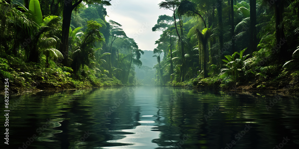 Fototapeta premium Tropical rainforest around river covered with mist. Generative AI