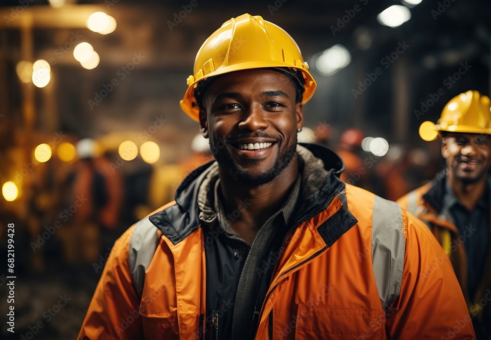 Smilling black men wearing safety contsruction worker, Blurred crowd of worker on the background Smilling black men wearing safety contsruction worker, Blurred crowd of worker on the background