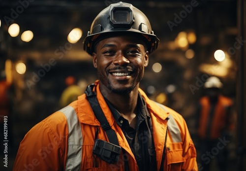 Smilling black men wearing safety contsruction worker, Blurred crowd of worker on the background