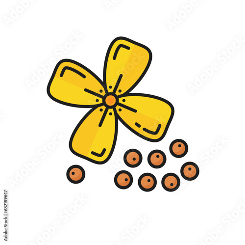 Mustard plant with yellow flower and pod, seeds condiment outline icon. Vector mustard sauce dressing ingredient, floral canola plant and grains