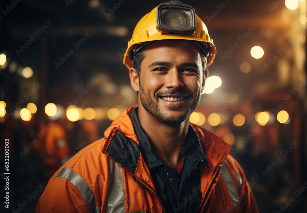Smilling men wearing safety contsruction worker, Blurred crowd of worker on the background Smilling men wearing safety contsruction worker, Blurred crowd of worker on the background