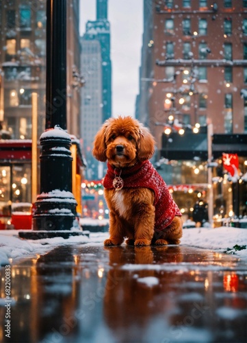 cinematic, stunning, minimalist, thin lightweight light cute red fluffy dog in heavy snowy New York city street sitting looking in Macy's vitrines during Christmas . beautiful shot. 8k. Wallpaper photo