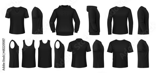 Black man shirt  hoodie and polo mockups  vector clothes  garment templates. Black shirts mock ups  sleeveless and long sleeve apparel  blank tshirt or hoody sweatshirt  men clothing casual top wear