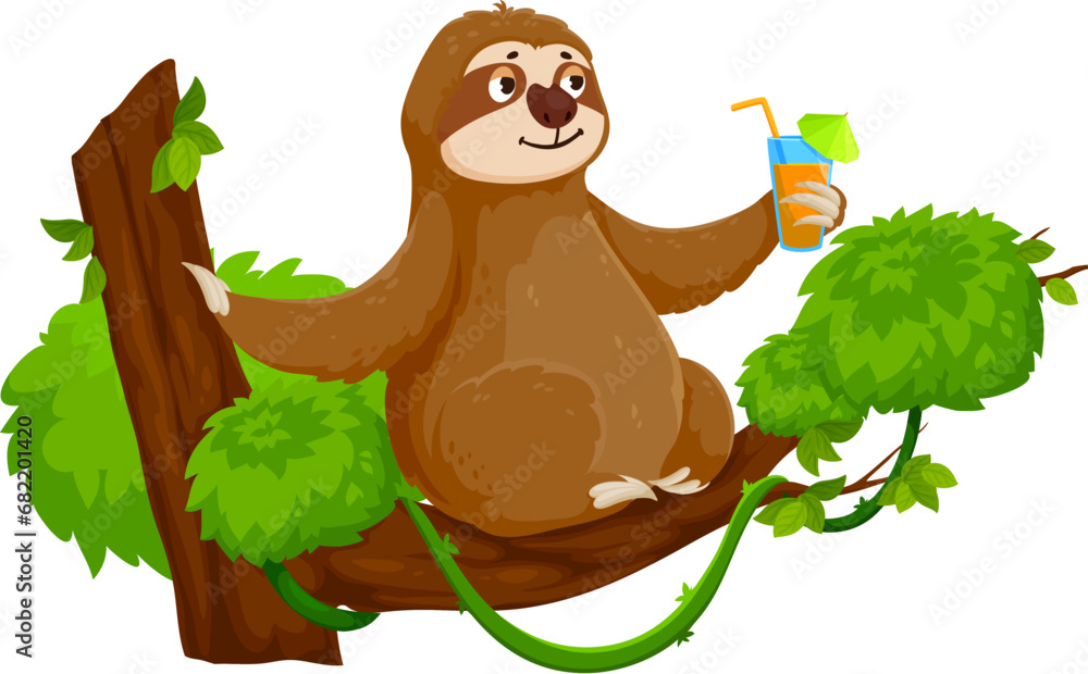 Fototapeta premium Cartoon funny sloth character enjoys tranquil relax on a tree branch with cocktail glass in hand. Isolated vector serene and lazy tropical animal personage capturing the essence of leisure and comfort