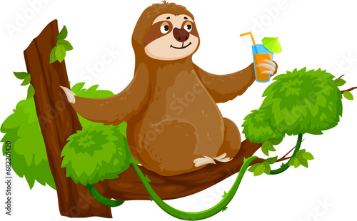 Cartoon funny sloth character enjoys tranquil relax on a tree branch with cocktail glass in hand. Isolated vector serene and lazy tropical animal personage capturing the essence of leisure and comfort