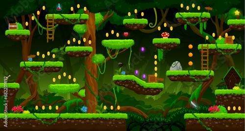 Arcade jungle rain, swamp or marsh game level map interface with platforms and coins, vector template. Jungle forest lianas and flowers, stairs and trees with platform ladders for cartoon arcade game
