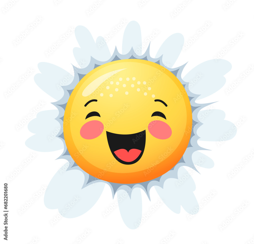 Camomile smile daisy flower character. Cartoon cute laughing chamomile personage with closed eyes. Isolated vector positive bloom emoticon, funny smiling blossom face. Childish kindergarten emblem Camomile smile daisy flower character. Cartoon cute laughing chamomile personage with closed eyes. Isolated vector positive bloom emoticon, funny smiling blossom face. Childish kindergarten emblem