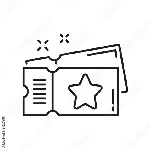 Outline ticket with star, pass isolated outline icon. Vector gift coupon, movie ticket, entrance pass, raffle and lottery card thin line
