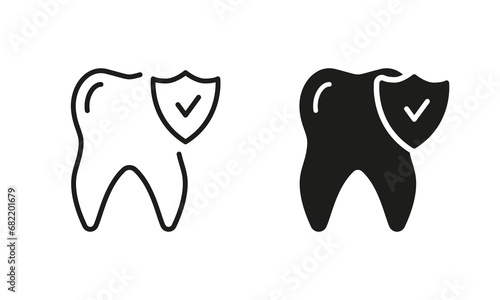 Teeth Protection and Hygiene Silhouette and Line Icon Set. Tooth Defense. Dental Treatment Black Symbol Collection. Medical Oral Care. Dental Insurance Pictogram. Isolated Vector Illustration