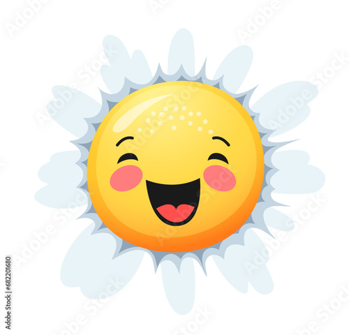Camomile smile daisy flower character. Cartoon cute laughing chamomile personage with closed eyes. Isolated vector positive bloom emoticon, funny smiling blossom face. Childish kindergarten emblem