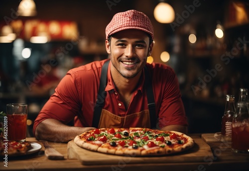 Handsome chef men making pizza  Blurred restaurant on the background