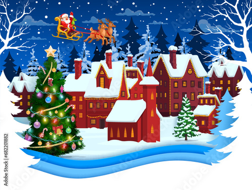 Christmas paper cut winter town and Santa on sleigh. Cartoon 3d vector papercut layered card with Father noel rides deer sled in night sky with snowflakes over snowy countryside at xmas holiday eve