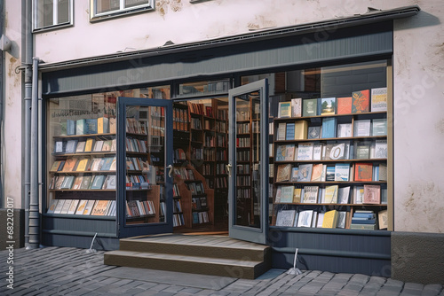 Bookstore shop exterior with books and textbooks in showcase. ge
