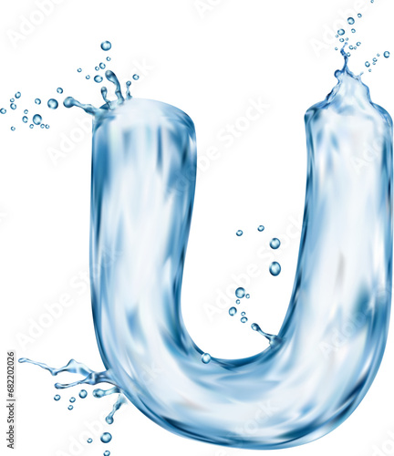 Realistic water font, letter U flow splash type, liquid aqua typeface, transparent wet english alphabet. Isolated vector typographic sign carved from flowing water reflecting light with watery shimmer
