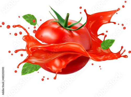 Tomato sauce juice, vibrant, savory elixir crafted from ripe tomatoes, herbs, and spices. Isolated realistic 3d vector sliced vegetable, red splash and leaves, perfect for adding rich flavor to dishes