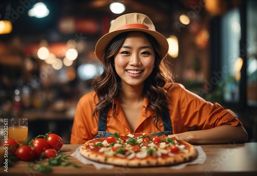 Beautiful chef asian women making pizza  Blurred restaurant on the background