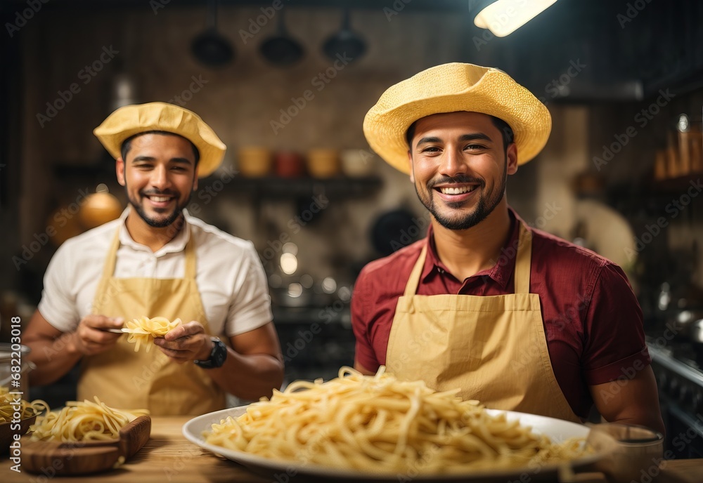 Men make pasta wearing apron, blurred kitchen on the background Men make pasta wearing apron, blurred kitchen on the background