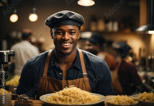 Black men make pasta wearing apron  blurred kitchen on the background