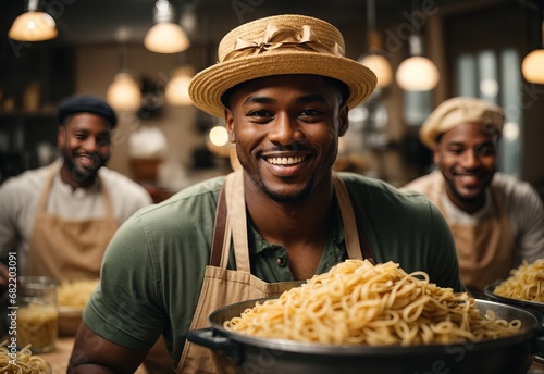 Black men make pasta wearing apron, blurred kitchen on the background