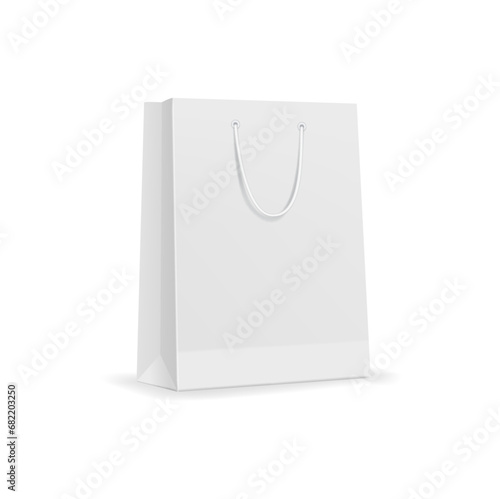 White paper shopping bag with rope handles mockup. Boutique purchase packet, retail paper bag or store cardboard paperbag 3d vector mockup. Shopping packaging realistic mock up or design template