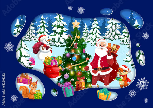 Christmas paper cut holiday landscape. Vector greeting card for Xmas holiday with cartoon Santa Claus with Xmas presents sack stand at decorated fir-tree with snowman, squirrel and fox with gift boxes