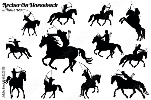 Collection of illustrations of silhouettes of archers riding horses