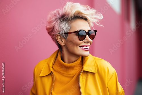 Beautiful and gorgeous smiling, happy and pleasant woman with positive vibes. Human person dressed in fashionable, colorful and fun clothes. Generative AI, AI © MiniMaxi