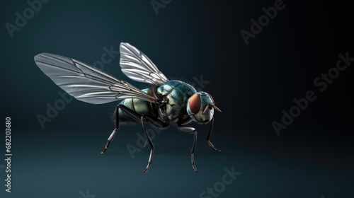 A macro shot of fly on a black background. Live house fly Insect close-up © brillianata
