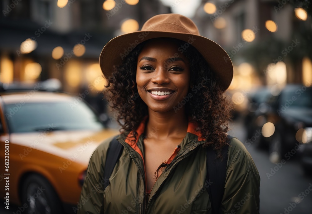 Beautiful black women model, street city view and car on the background Beautiful black women model, street city view and car on the background