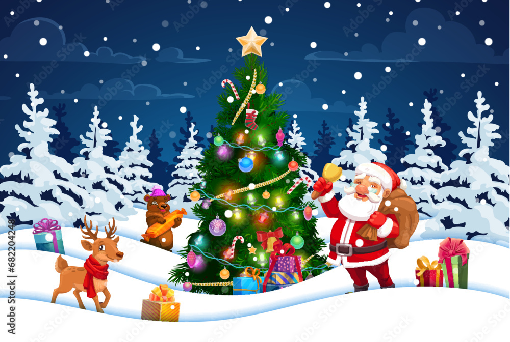 Christmas paper cut winter forest landscape with Santa, pine tree and cartoon animals reindeer and bear. Vector greeting card with Father Noel with jingle bell, 3d layered snowdrifts in night wood Christmas paper cut winter forest landscape with Santa, pine tree and cartoon animals reindeer and bear. Vector greeting card with Father Noel with jingle bell, 3d layered snowdrifts in night wood