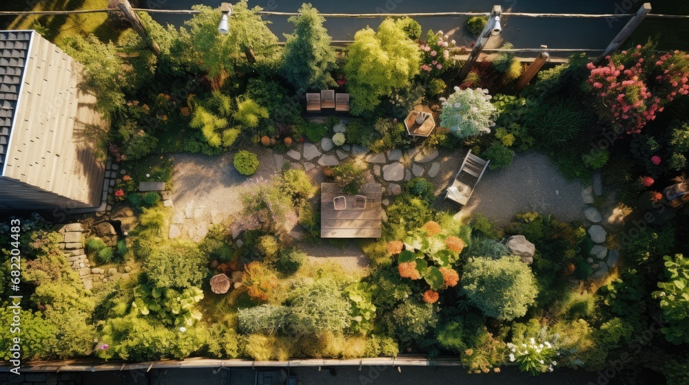 Beautifully landscaped small patio garden top view with no people Beautifully landscaped small patio garden top view with no people