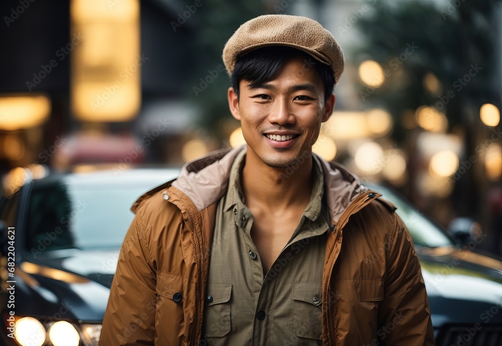 Handsome asian men model, street city view and car on the background