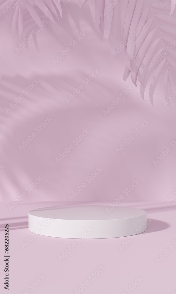 Podium with shadow sunlight of palm tree in wall purple background. Podium with shadow sunlight of palm tree in wall purple background.