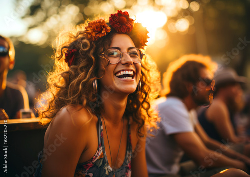 Happy young woman wearing flower wreath at music festival